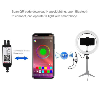 PULUZ LED Ring Light for Daily Vlogging and Video Calls showing smartphone app QR download, Bluetooth control, and tripod-mounted ring light