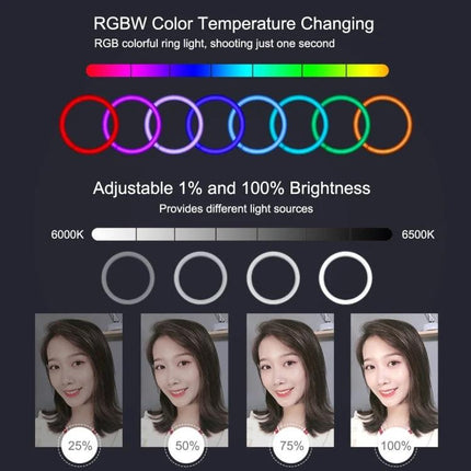 PULUZ LED Ring Light for Daily Vlogging and Video Calls showing RGBW color rings, adjustable 1%–100% brightness and 6000K–6500K temperature with sample portraits