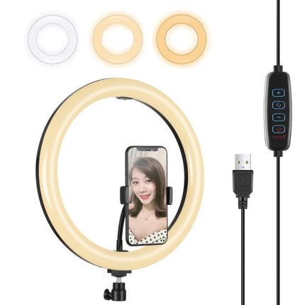 PULUZ Ring Light for Everyday Vlogging and Photo Sessions shown with phone mount, USB cable, dimmer control and three color modes