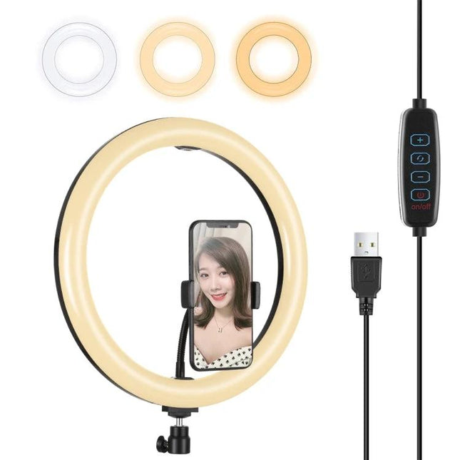 PULUZ Ring Light for Everyday Vlogging and Photo Sessions shown with phone mount, USB cable, dimmer control and three color modes