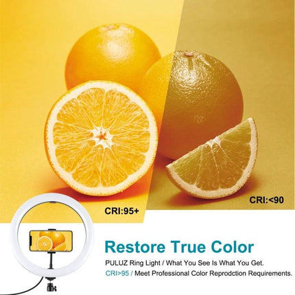 PULUZ Ring Light for Everyday Vlogging and Photo Sessions showing improved color accuracy on fruit with phone mount