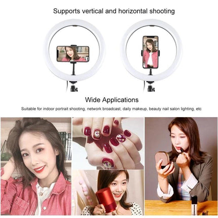 PULUZ Ring Light for Everyday Vlogging and Photo Sessions mounted on stand with phone showing vertical and horizontal shooting for vlogs and selfies