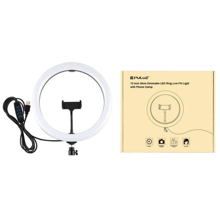 PULUZ Ring Light for Everyday Vlogging and Photo Sessions shown with phone clamp, USB cable and packaging box for portable home vlogging