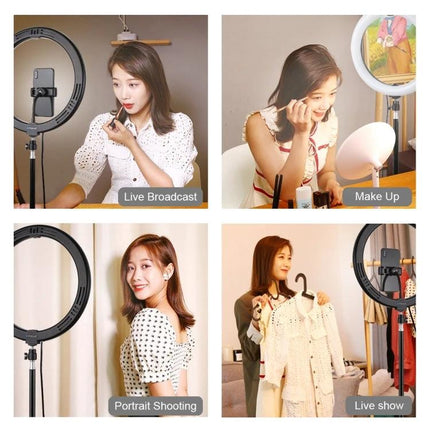 PULUZ Ring Light for Everyday Vlogging and Photo Sessions showing a woman makeup, live broadcast, portrait shooting and live show setups