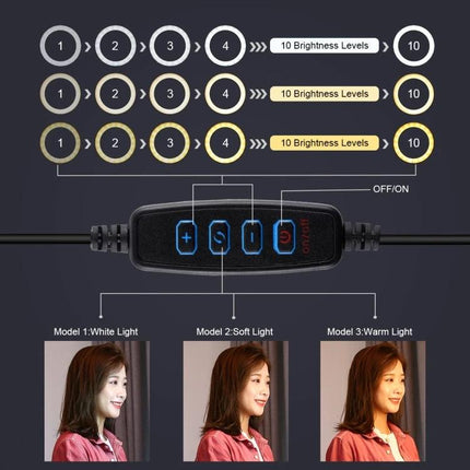 PULUZ Ring Light for Everyday Vlogging and Home Selfies control panel showing 10 brightness levels and three color modes (white, soft, warm)