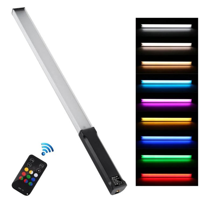 PULUZ Handheld RGB LED Fill Light with Remote for Photography showing wand light, remote, and 9 color modes