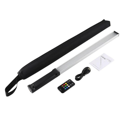 PULUZ Handheld RGB LED Fill Light with Remote for Photography showing slim LED bar, remote, USB cable, manual and carrying sleeve