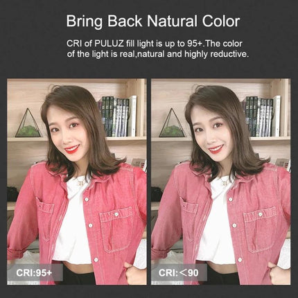 PULUZ Handheld RGB LED Fill Light with Remote for Photography showing side-by-side portrait with CRI 95+ natural color versus CRI <90