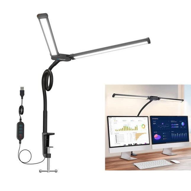 PULUZ Gooseneck Lamp for Daily Home Desk Lighting - double head adjustable clamp lamp with USB dimmer for reading and computer work