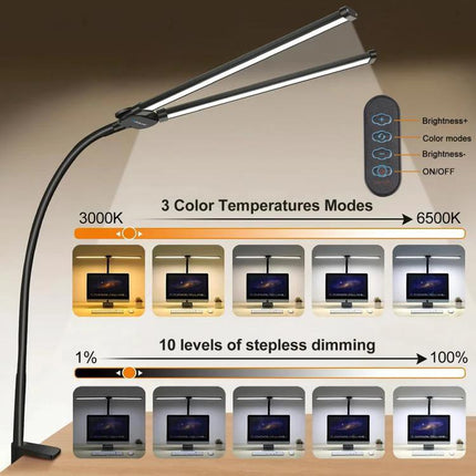 PULUZ Gooseneck Lamp for Daily Home Desk Lighting showing double-head adjustable arm, 3 color temperatures (3000K-6500K) and 10-level dimming controls