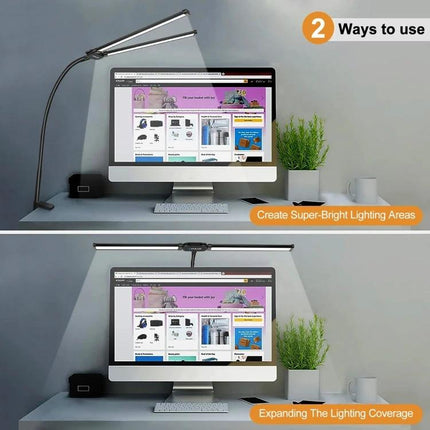 PULUZ Gooseneck Lamp for Daily Home Desk Lighting showing double-head desk lamp over computer for focused reading and expanded workspace illumination