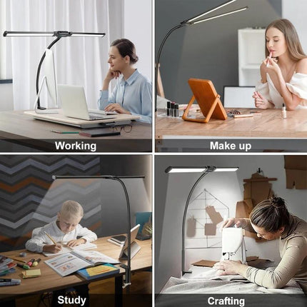 PULUZ Gooseneck Lamp for Daily Home Desk Lighting showing double-head lamp used for working, makeup, study, and crafting on desks