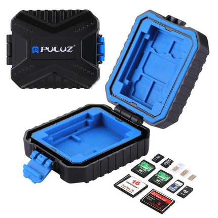 PULUZ Compact 11-in-1 Memory Card Case for SIM, XQD, CF, TF, and SD Cards – black and blue protective organizer with multiple card slots