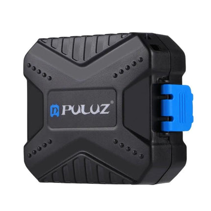 PULUZ Compact 11-in-1 Memory Card Case for SIM, XQD, CF, TF, and SD Cards - rugged black portable card organizer with blue latch