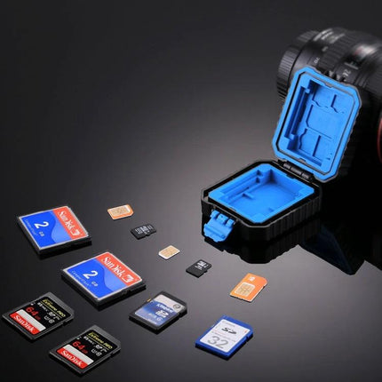 PULUZ Compact 11-in-1 Memory Card Case for SIM, XQD, CF, TF, and SD Cards - black rugged protective organizer with blue interior and assorted cards