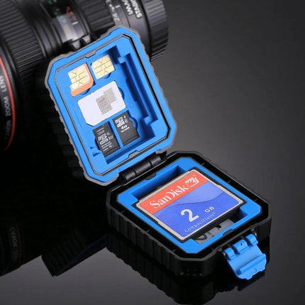 PULUZ Compact 11-in-1 Memory Card Case for SIM, XQD, CF, TF, and SD Cards - open blue case showing SD, microSD, SIM cards and CF slot