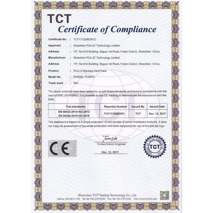 PULUZ Compact 11-in-1 Memory Card Case for SIM, XQD, CF, TF, and SD Cards certification document showing compliance and CE mark