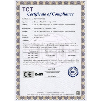 PULUZ Compact 11-in-1 Memory Card Case for SIM, XQD, CF, TF, and SD Cards - TCT compliance certificate image
