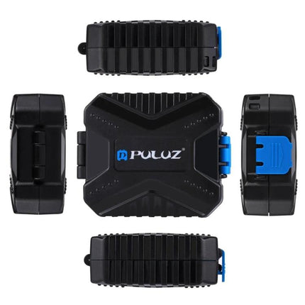 PULUZ Compact 11-in-1 Memory Card Case for SIM, XQD, CF, TF, and SD Cards - compact black protective organizer with blue latch