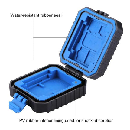 PULUZ Compact 11-in-1 Memory Card Case for SIM, XQD, CF, TF, and SD Cards - open rugged protective case with water-resistant seal and blue TPV lining