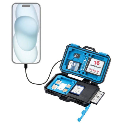 PULUZ 22-in-1 Memory Card Storage Case for SD, CF, and SIM Cards open showing SD CF SIM slots and phone connected via built-in reader