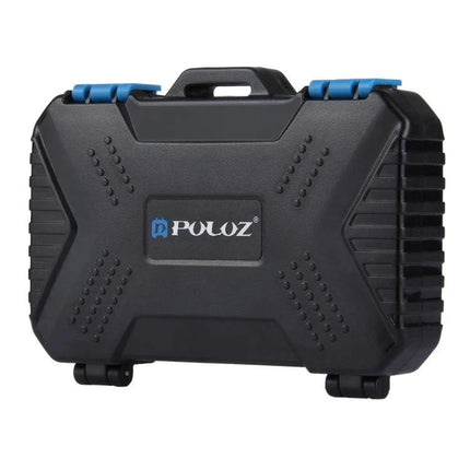 PULUZ 22-in-1 Memory Card Storage Case for SD, CF, and SIM Cards black rugged hard shell case with handle and blue latches