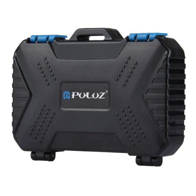 PULUZ 22-in-1 Memory Card Storage Case for SD, CF, and SIM Cards black rugged hard shell case with handle and blue latches