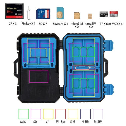 PULUZ 22-in-1 Memory Card Storage Case for SD, CF, and SIM Cards open showing labeled slots for SD CF microSIM nanoSIM TF cards and pin key