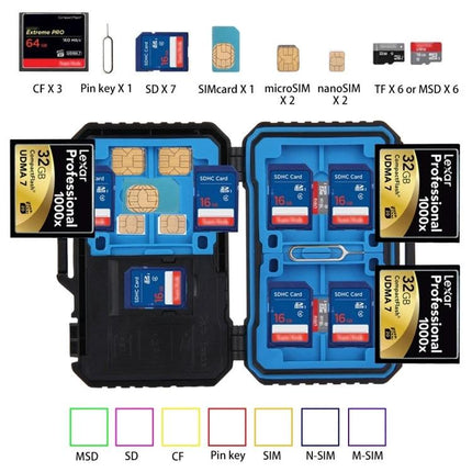 PULUZ 22-in-1 Memory Card Storage Case for SD, CF, and SIM Cards shown open with organized SD CF TF and SIM slots, cards and pin key visible