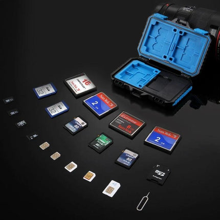PULUZ 22-in-1 Memory Card Storage Case for SD, CF, and SIM Cards showing open blue interior with assorted SD, CF, microSD and SIM cards and eject tool