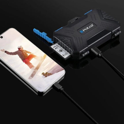 PULUZ 22-in-1 Memory Card Storage Case for SD, CF, and SIM Cards connected to smartphone for card transfer and secure storage