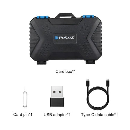 PULUZ 22-in-1 Memory Card Storage Case for SD, CF, and SIM Cards – compact rugged card box with USB adapter, Type-C cable and SIM card pin