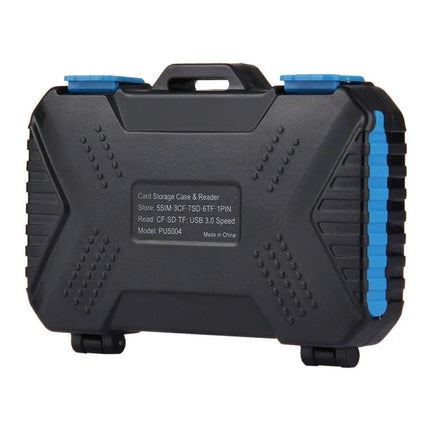 PULUZ 22-in-1 Memory Card Storage Case for SD, CF, and SIM Cards - rugged black hard case with blue latches and handle