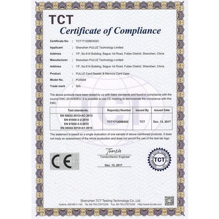 PULUZ 22-in-1 Memory Card Storage Case for SD, CF, and SIM Cards certification document showing CE compliance and TCT test report