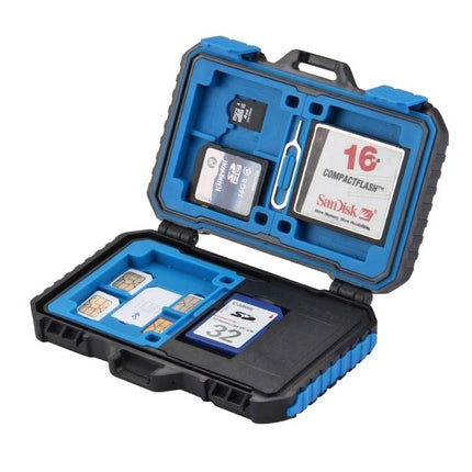 PULUZ 22-in-1 Memory Card Storage Case for SD, CF, and SIM Cards open with SD, CF and SIM cards organized in foam compartments, compact protective case