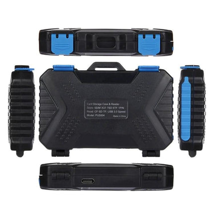 PULUZ 22-in-1 Memory Card Storage Case for SD, CF, and SIM Cards - black hard case with blue latches, USB-C reader, multiple card slots