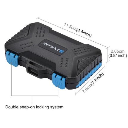 PULUZ 22-in-1 Memory Card Storage Case for SD, CF, and SIM Cards compact black hard case with blue latches and double snap-on locking system