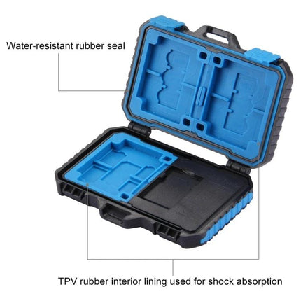 PULUZ 22-in-1 Memory Card Storage Case for SD, CF, and SIM Cards - water-resistant, shock-absorbent blue interior with slots for SD CF SIM cards