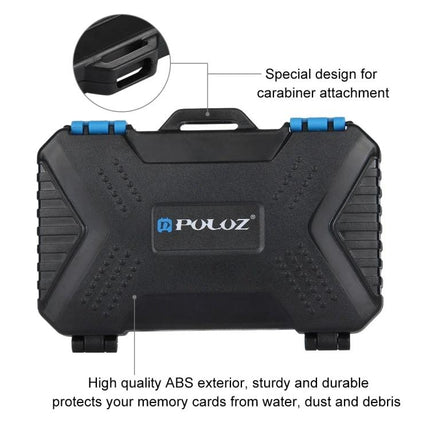 PULUZ 22-in-1 Memory Card Storage Case for SD, CF, and SIM Cards - rugged black ABS case with carabiner slot and blue latches