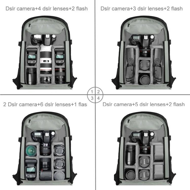 PULUZ Outdoor Waterproof Backpack for Cameras and Accessories showing four interior layouts holding DSLR bodies, lenses, flashes, and laptop space