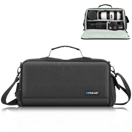 PULUZ Waterproof Camera Crossbody Shoulder Bag for Storage — gray waterproof camera bag with padded compartments holding camera, lenses and accessories