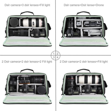 PULUZ Waterproof Camera Crossbody Shoulder Bag for Storage, open interior showing cameras, lenses and accessories organized and protected