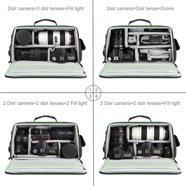 PULUZ Waterproof Camera Crossbody Shoulder Bag for Storage, open interior showing cameras, lenses and accessories organized and protected