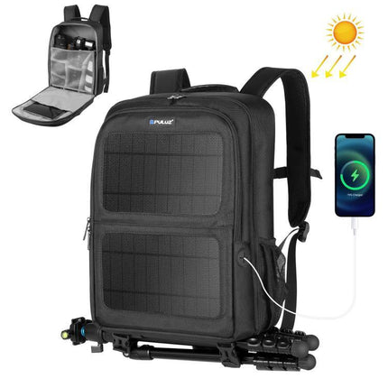 PULUZ Solar Powered Backpack for Outdoor Camera and Laptop Use black solar-charging camera backpack with tripod pocket and laptop compartment