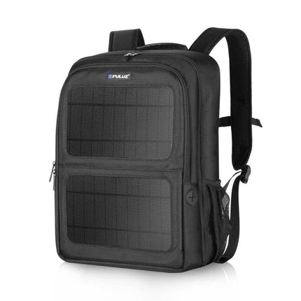 PULUZ Solar Powered Backpack for Outdoor Camera and Laptop Use black backpack with solar panels, multiple compartments and padded straps