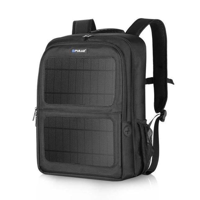 PULUZ Solar Powered Backpack for Outdoor Camera and Laptop Use black backpack with solar panels, multiple compartments and padded straps