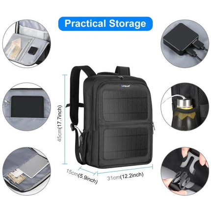 PULUZ Solar Powered Backpack for Outdoor Camera and Laptop Use black backpack with solar panels, multiple compartments and on-the-go charging