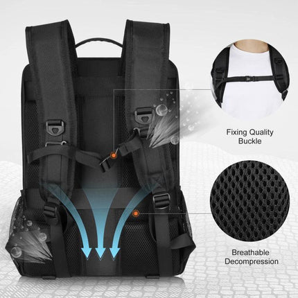 PULUZ Solar Powered Backpack for Outdoor Camera and Laptop Use back view showing breathable decompression padding, fixing quality buckle and adjustable straps