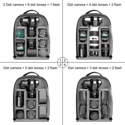 PULUZ Solar Powered Backpack for Outdoor Camera and Laptop Use showing organized camera, lenses, flashes and laptop compartment for travel and outdoor charging