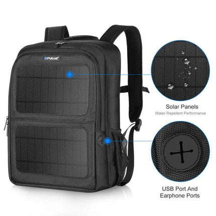 PULUZ Solar Powered Backpack for Outdoor Camera and Laptop Use black backpack with built-in solar panels and USB earphone ports